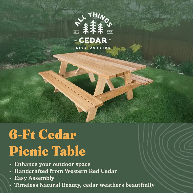 All Things Cedar 6-Foot Handcrafted Wooden Outdoor Picnic Table And Bench Set 2