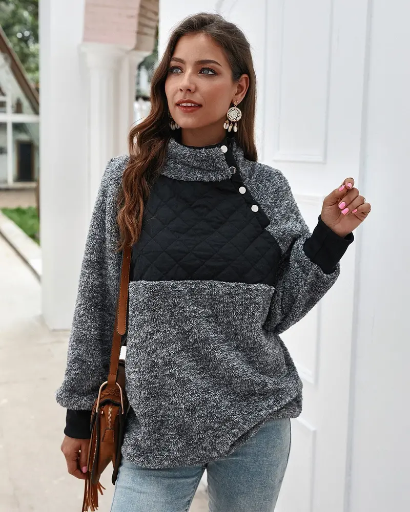 Asymmetrical Colorblock Fleece Pullover Sweatshirt With Snap Closure 1
