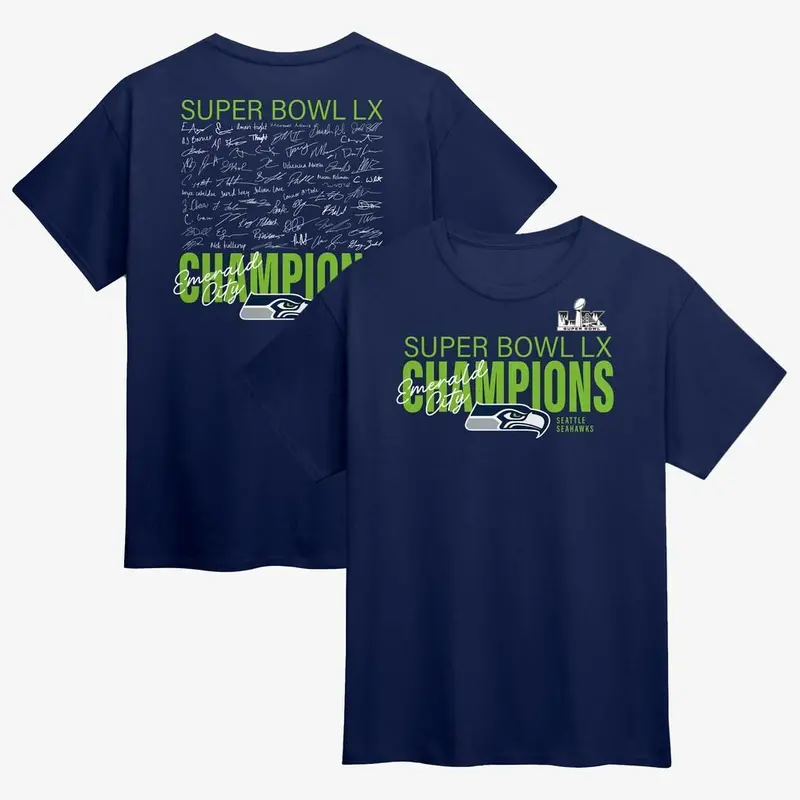 Autographed Seattle Seahawks Super Bowl Champions Navy T-Shirt 1