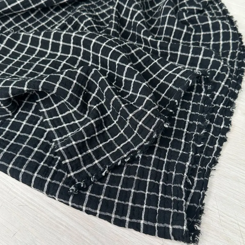 Black And Ivory Organic Cotton Yarn-Dyed Double Gauze Check Fabric 1