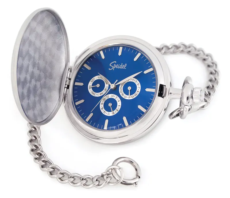 Blue-Dial Pocket Watch With 14-Inch Chain And Silver-Tone Case 1