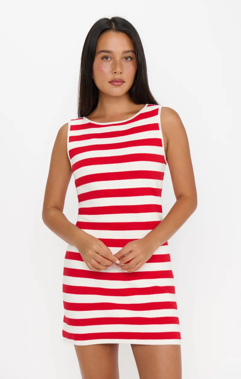 Cameron Red Stripe Delight Knit Mini Dress – Bold Colorblocked Style 1