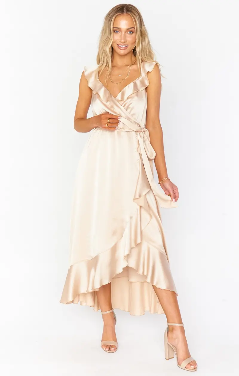 Champagne Luxe Satin Samantha Ruffle Wrap Dress 1