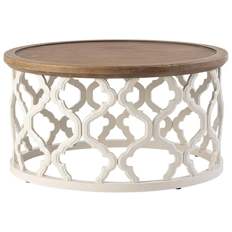 Cozayh Farmhouse-Style Round Coffee Table – Distressed White Wood Tray Top Accent Piece 1