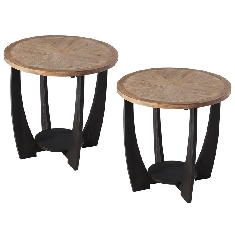 Cozayh Rustic Farmhouse Round End Tables With Shelf Storage – Set Of Two 1