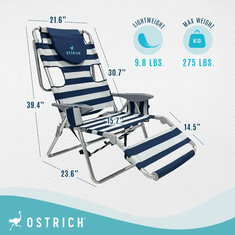Deltess Ostrich 3-In-1 Portable Reclining Lounger – Blue & White Foldable Outdoor Seat (Refurbished) 2