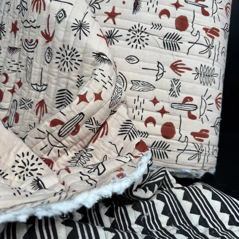 Desert Doodle & Geo Ridge Stripe Block Print – Reversible Quilted Bagru Cotton 1