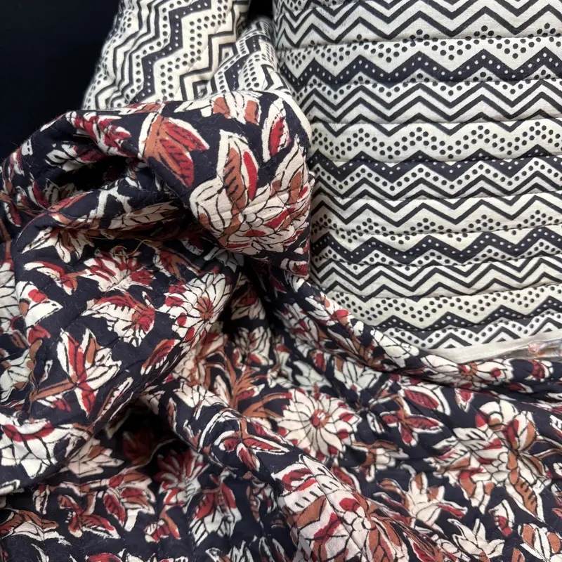 Ebony Blossom Vine & River Current Ebony – Reversible Quilted Bagru Cotton Block Print 1
