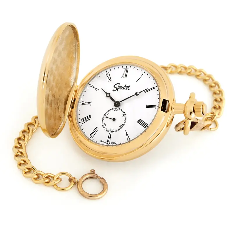 Engravable Speidel Gold-Tone Pocket Watch With 14-Inch Chain And White Dial 1