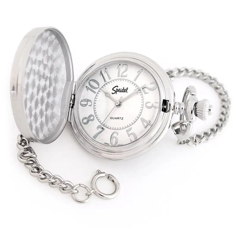 Engravable Speidel Silver-Tone Pocket Watch With 14-Inch Chain And White Dial 1