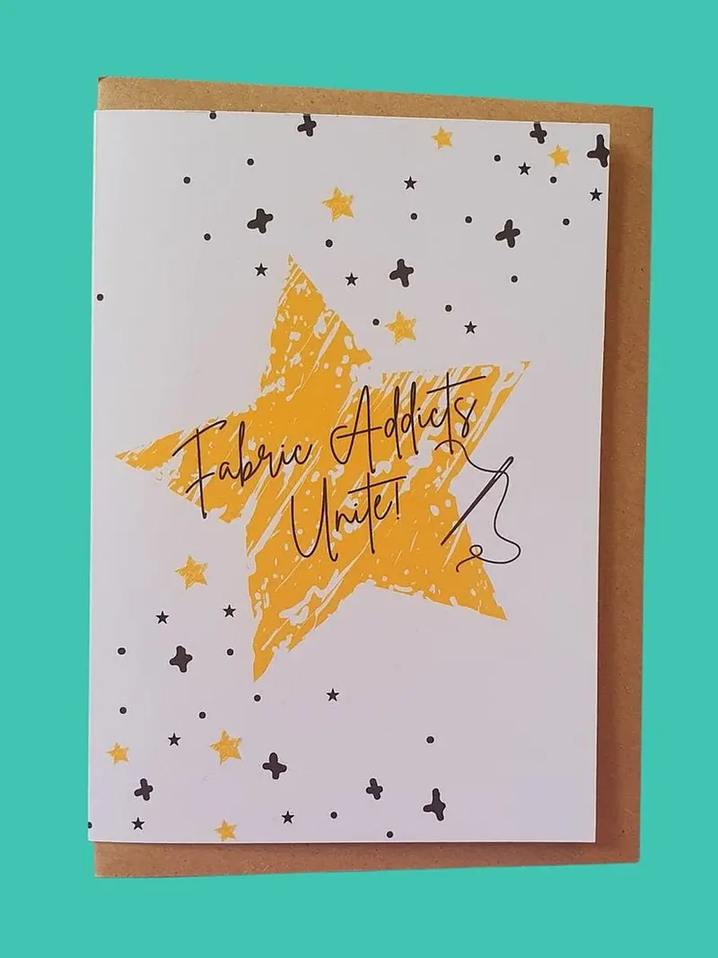 "Fabric Addicts Unite" Sewing-Themed Greeting Card By Sew Anonymous 1