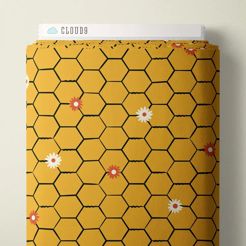Floral Chicken Wire Yellow Poplin Fabric By Shelby Warwood For Cloud 9 Fabrics – Homestead Haven Collection 1