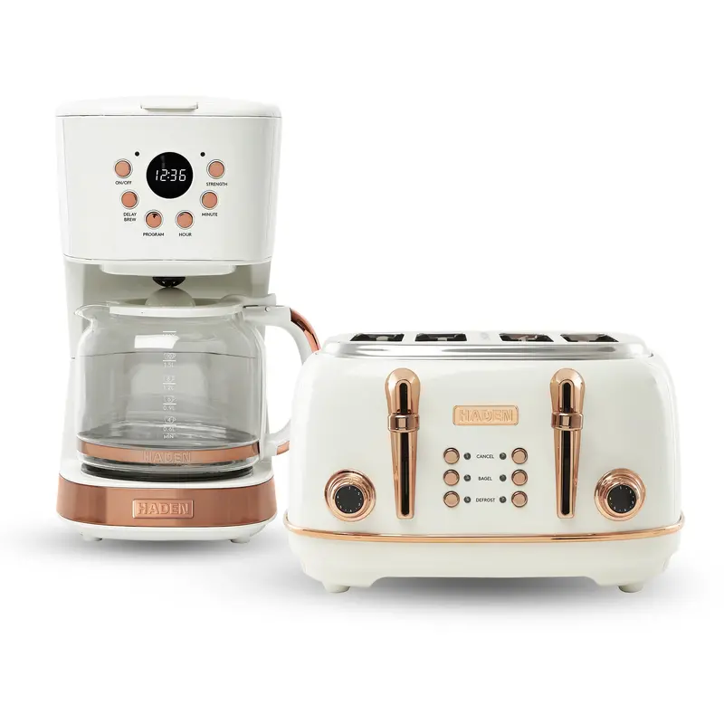 Haden Heritage 4-Slice Wide-Slot Toaster + 12-Cup Coffee Maker – Ivory & Copper Kitchen Bundle 1