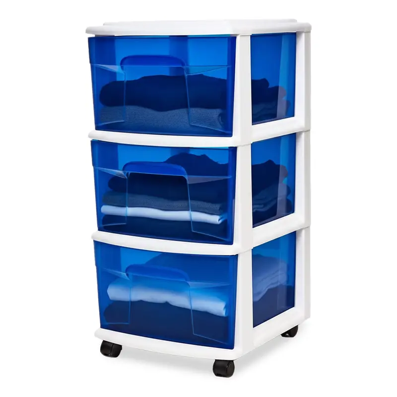 Homz 3-Drawer Medium Storage Tower – Blue Drawers On White Frame 1
