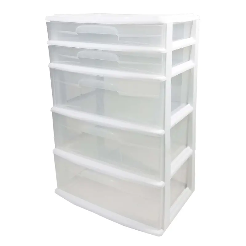 Homz 5-Drawer Clear-View Storage Tower – White Frame With Transparent Drawers, Open-Box 1