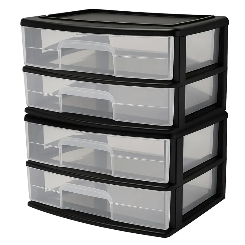 Homz Wide 2-Drawer Plastic Storage Cart With Black Frame & Clear Drawers – Open Box (2-Pack) 1