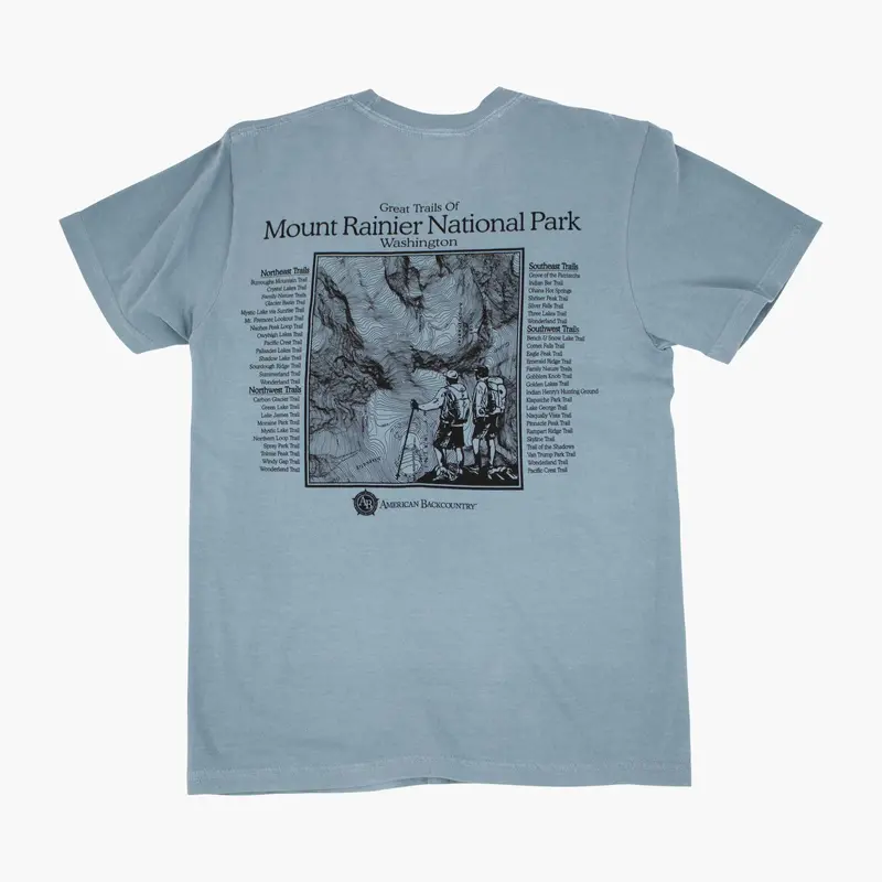 Ice Blue Trail Map Rainier Mountain T-Shirt – Pacific Northwest Outdoor Tee 1