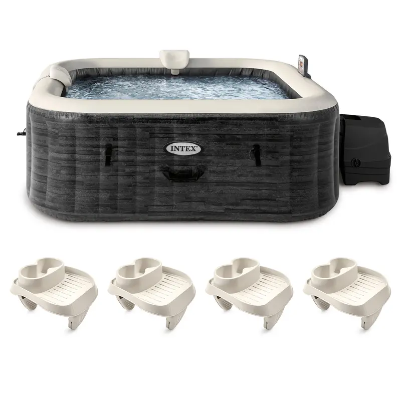 Intex Purespa Plus Square Inflatable Spa – Tan Portable Hot Tub With Snack Tray Attachment (4-Pack) 1