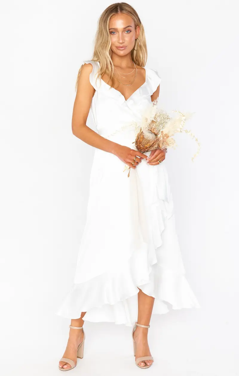 Ivory Luxe Satin Samantha Ruffle Wrap Dress 1