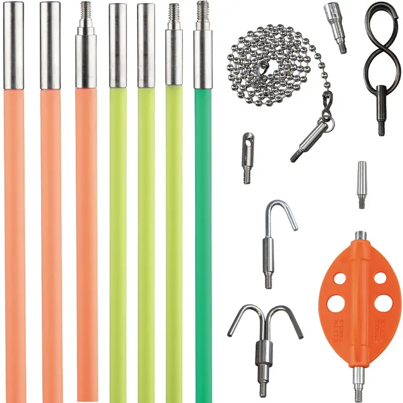 Klein Tools 35-Foot Multi-Flex Glow Fish Tape Set — 4 Fiberglass Rods With Splinter Guard, Bullet Nose, Hook & Adapter 1