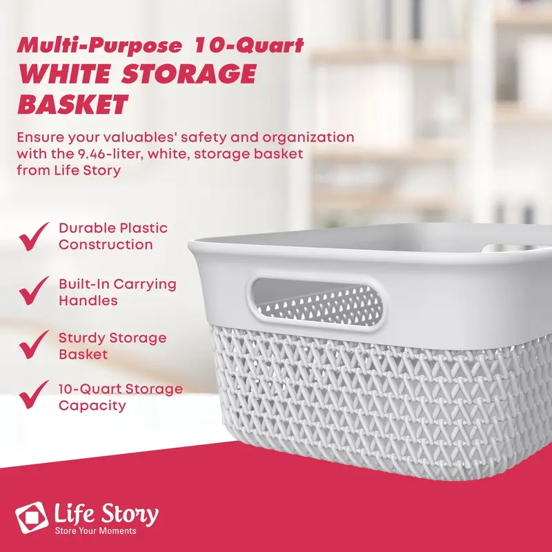 Life Story 10-Quart Decorative Plastic Storage Basket – Medium Size, White Organizer 2