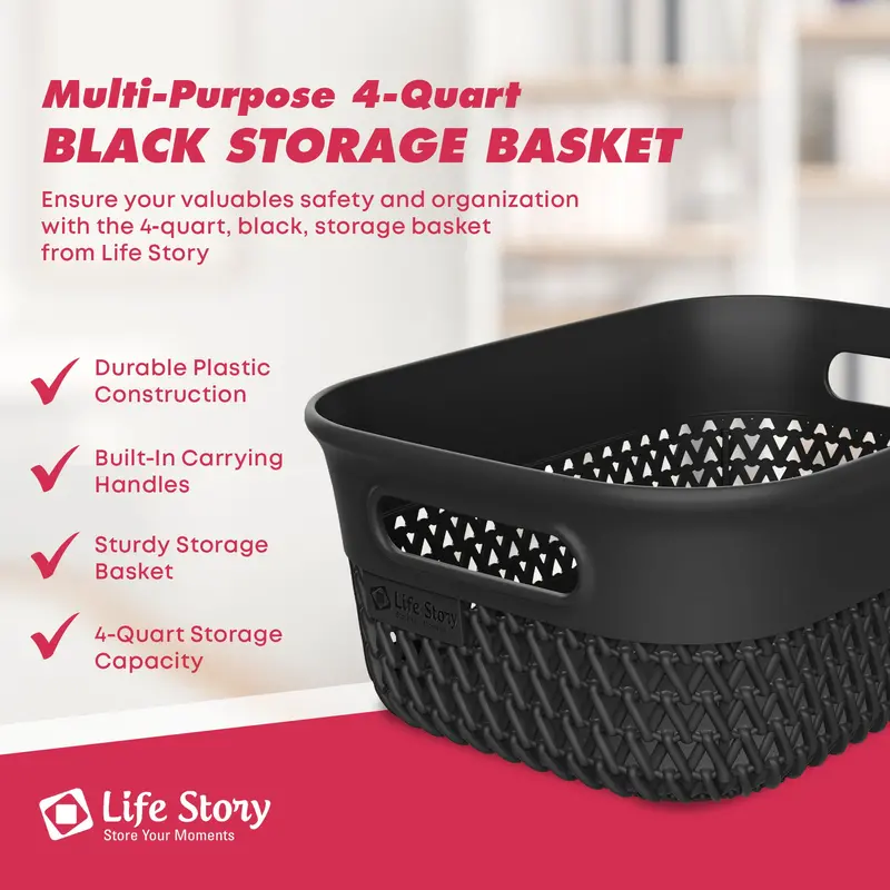 Life Story 4-Quart Black Plastic Home Organizer Basket – Single Unit 2