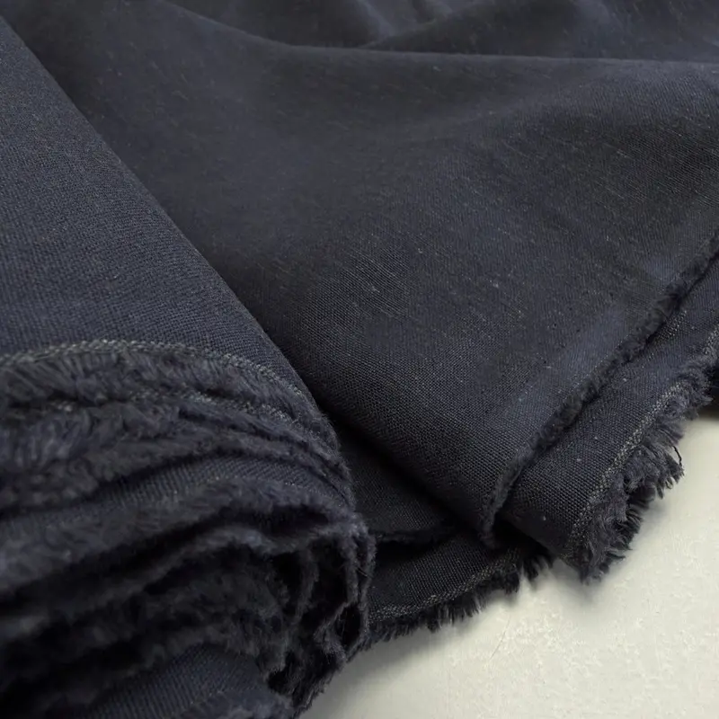 Linen, Viscose, And Cotton Blend Fabric In Deepest Ocean Blue 1