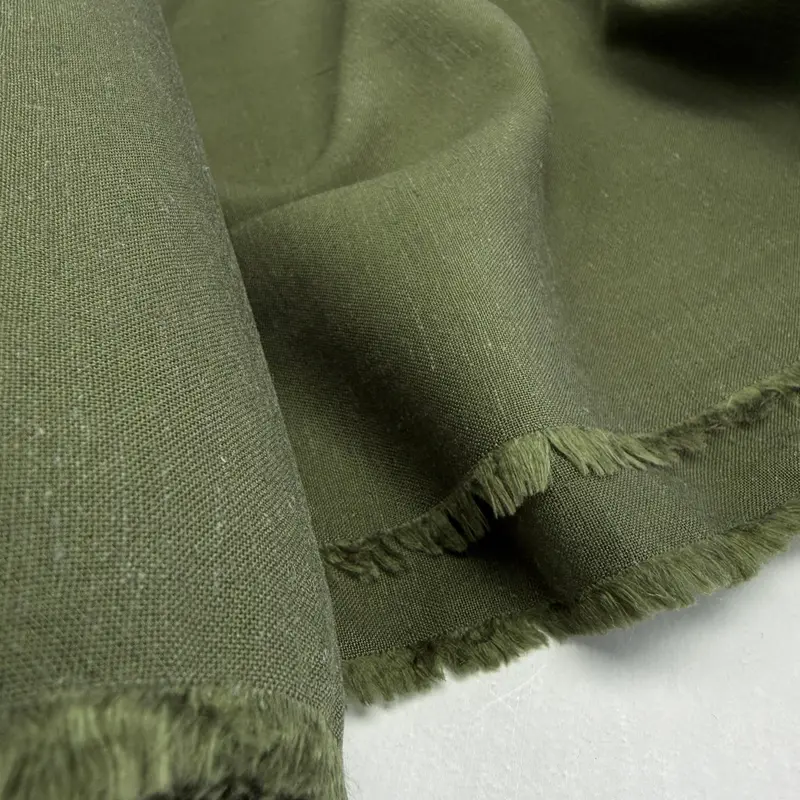 Linen, Viscose, And Cotton Blend Fabric In Forest Olive 1