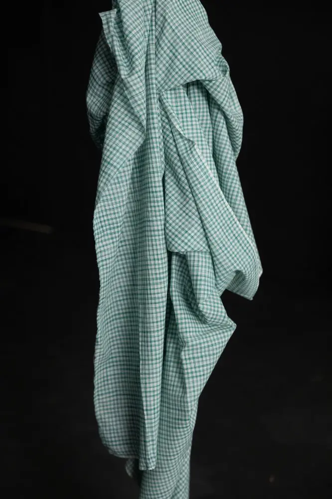 Marley Green Check Cotton Fabric – Handwoven Indian Origin 1