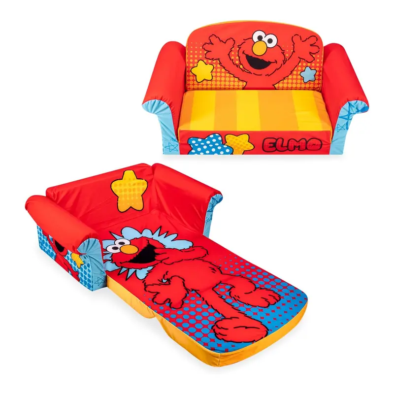 Marshmallow Furniture Sesame Street Elmo Flip-Open Sofa Bed – Youth 2-In-1 Convertible Foam Lounger 1