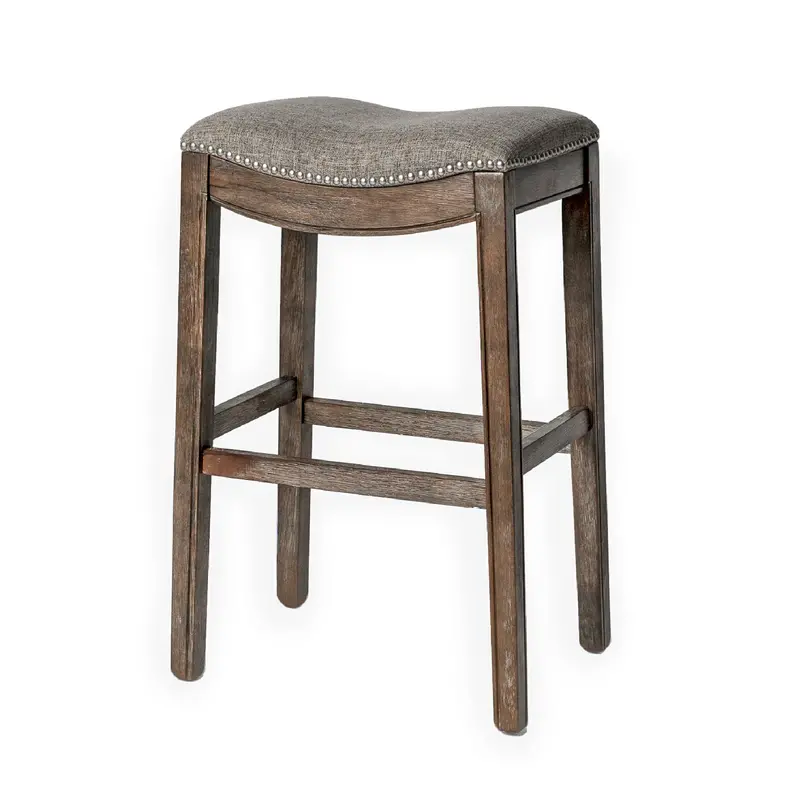 Maven Lane Walnut-Finish Kitchen Bar Stool – Grey Fabric Seat (Open-Box) 1