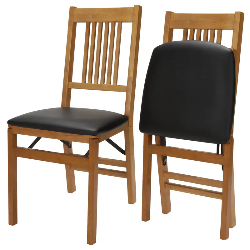 Meco Stakmore Folding Chair Set – Black Vinyl Upholstered Oak Seats (2-Pack) 1