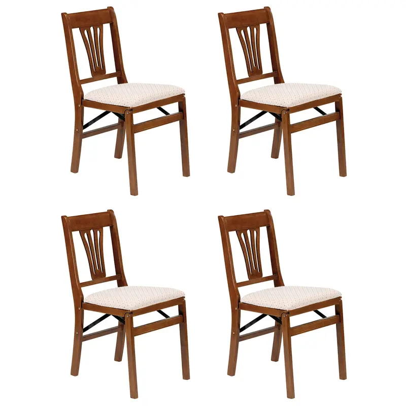 Meco Stakmore Folding Dining Chairs – Upholstered Wood Seat With Urn Base, Fruitwood Finish (4-Pack) 1