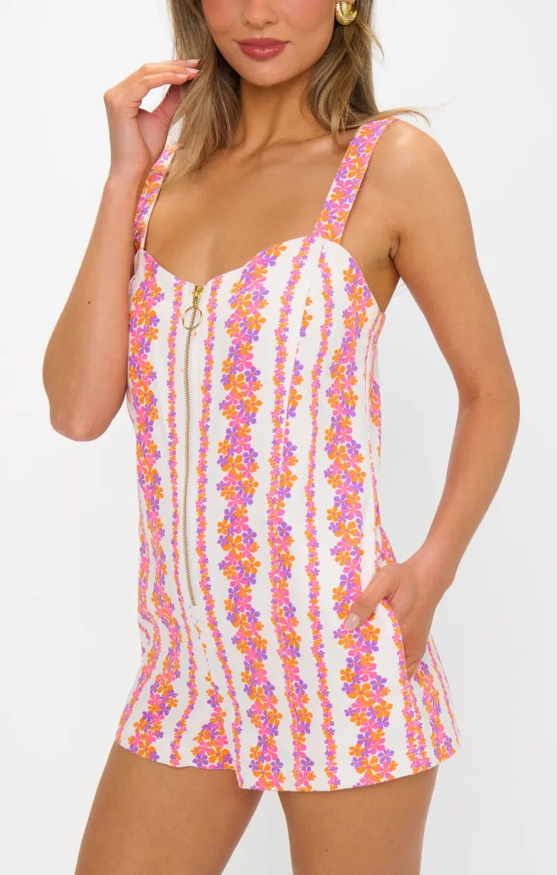 Mission Romper – Pink Daisy Stripe Denim Shortall 1