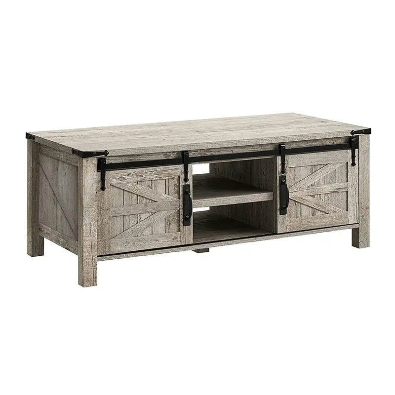 Okd Farmhouse-Style 48" Coffee Table With Sliding Barn Doors – Light Rustic Oak Finish 1