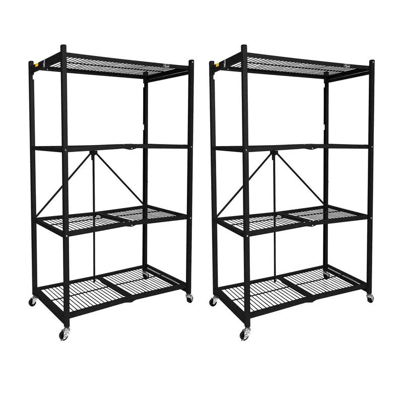 Origami 2-Pack R5-06W Folding Steel Wire Shelving – 4-Shelf, Black, Casters Included 1