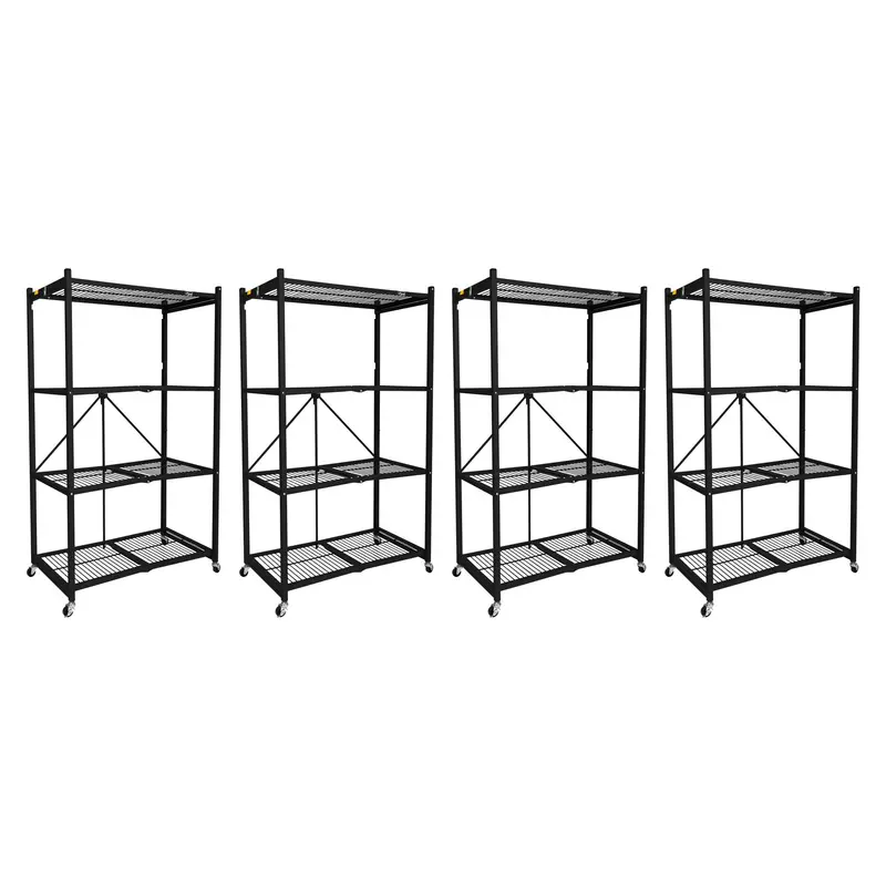 Origami 4-Pack Folding Steel Wire Shelving Units – R5-06W, 4-Tier, Black, 4-Wheel Base 1