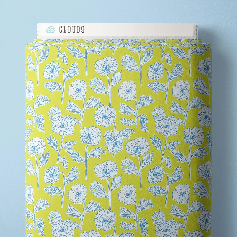 Painted Poppies Lime & Aqua Cloud 9 Poplin – Lively Garden-Inspired Pattern 1