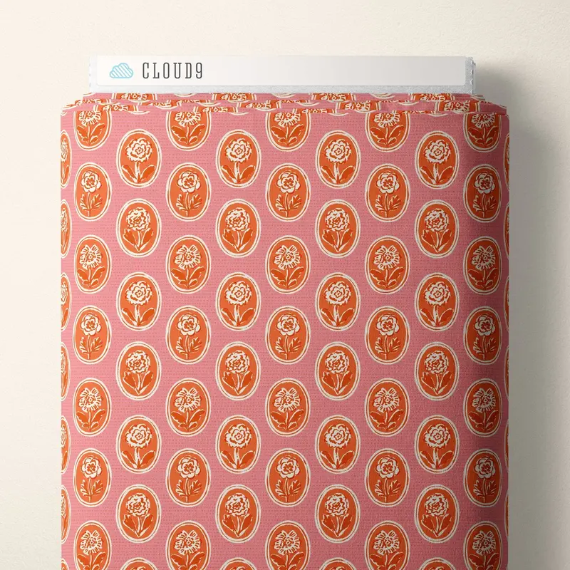 Pink And Orange Pressed Flower Poplin Fabric – Happy Homestead Collection By Samantha Johnson For Cloud 9 Fabrics 1