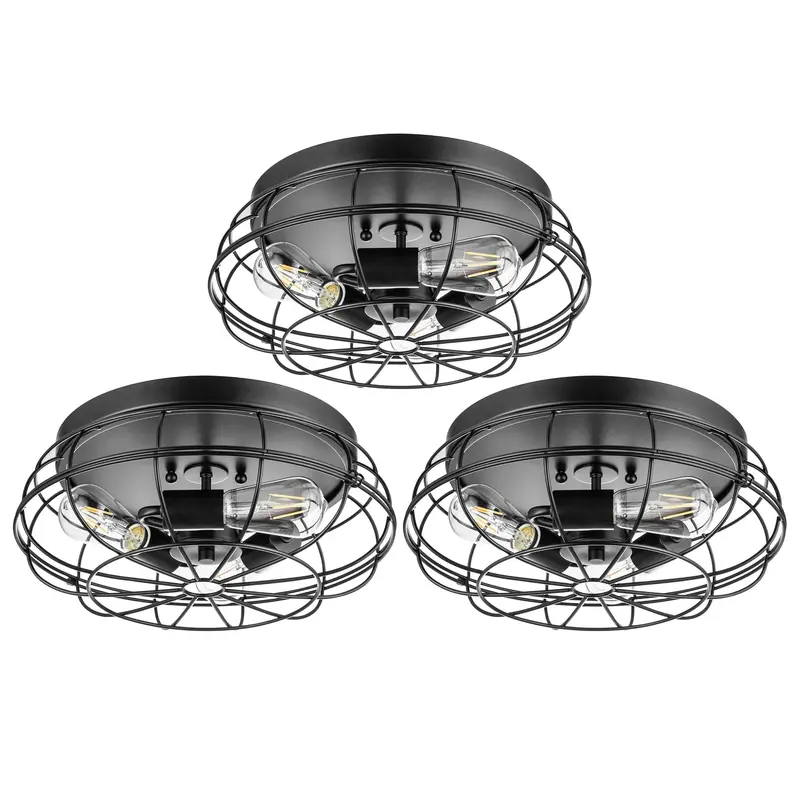 Prominence Home Lincoln Woods 15" Flush-Mount Ceiling Light – Rustic Cage Design, 3-Pack In Black 1