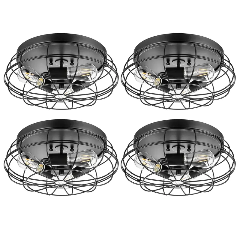 Prominence Home Lincoln Woods 15" Recessed Ceiling Light – Industrial-Style Cage Fixture, 4-Pack Black Set 1