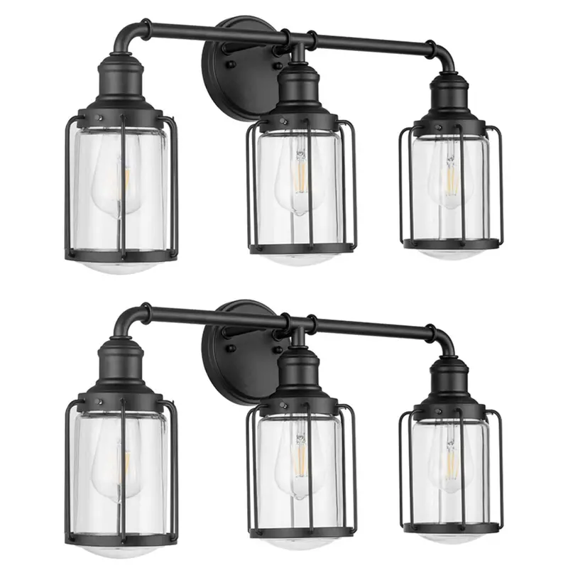 Prominence Home Lincoln Woods Bath Vanity Light – Industrial 3-Light Fixture, Black (2-Pack) 1