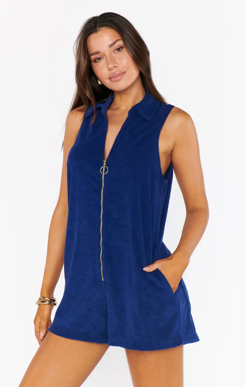 Reno Navy Blue Terry Cloth Romper 1
