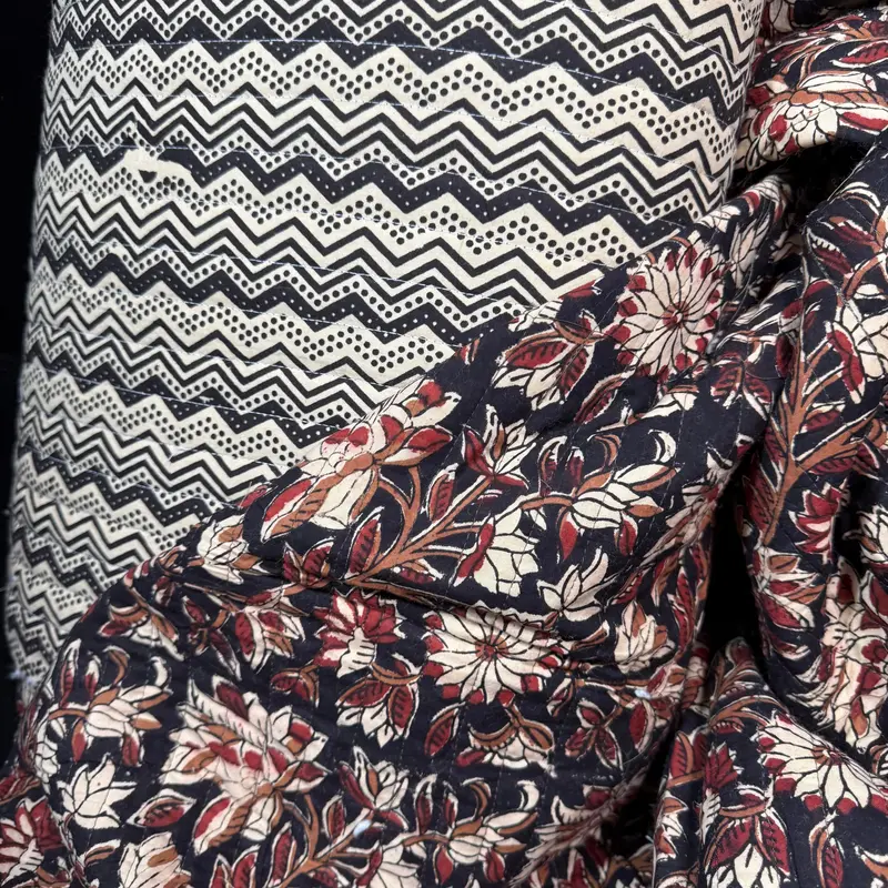River Current & Clay Flower Reversible Quilted Bagru Cotton Fabric – Hand-Blocked Indian Textile 1