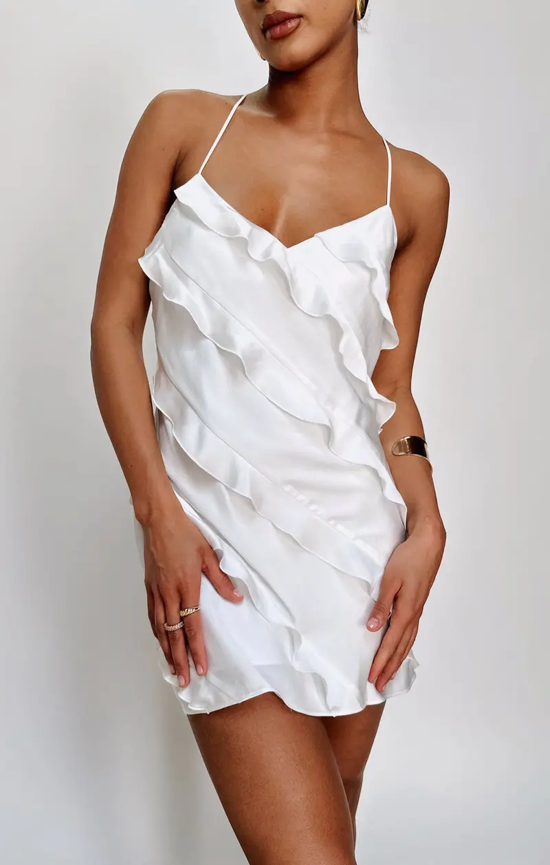 Romance Ivory Luxe Satin Ruffle Mini Dress 1