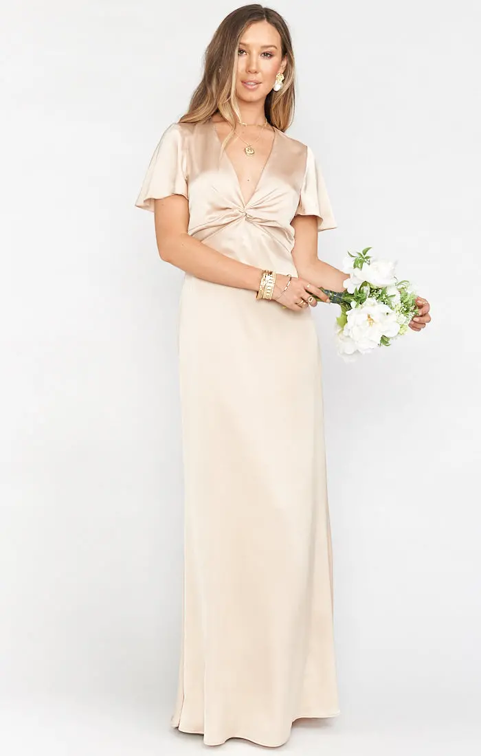 Rome Twist Champagne Satin Formal Gown 1