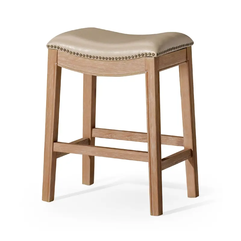 Saddle Bar Stool By Maven Lane – Weathered Oak Frame With Brushed Bone Vegan Leather (Open-Box) 1