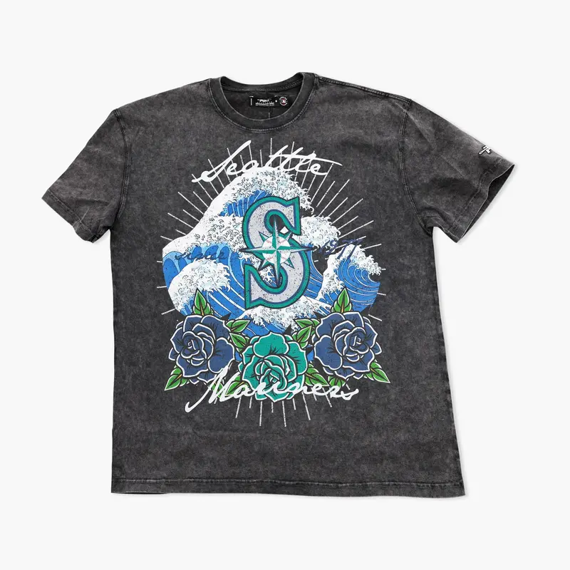 Seattle Mariners Wave & Roses Washed Black T-Shirt 1