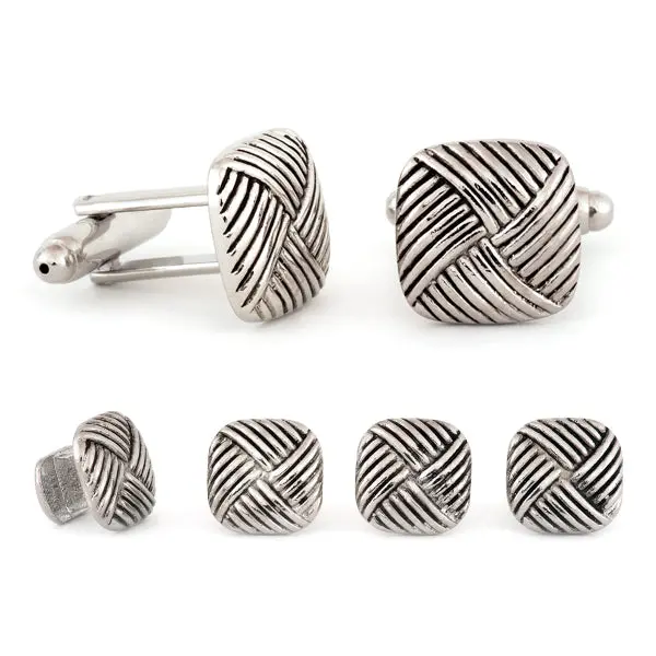 Square Diagonal Weave Cuff Links And Shirt Stud Set 1