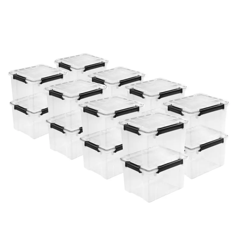 Sterilite 34-Quart Gasket-Seal Storage Boxes – Stackable, Airtight Lids, Black, 16-Pack 1
